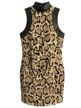 GUCCI NATURAL / BLACK LEOPARD PRINT SILK CADY DRESS WITH LEATHER TRIM